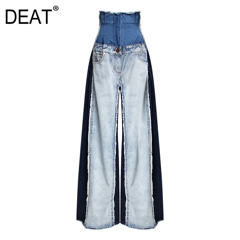 

[DEAT] 2019 New Autumn Winter High Waist Loose Hit Color Denim Pocket Blue Long Wide Leg Jeans Women Trousers Fashion Tide JR84
