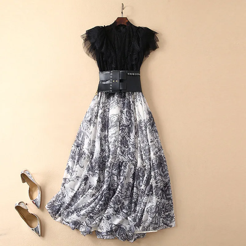 

two-piece women's elegant suits transparent black lace patchwork print rockabilly vintage dress exaggerated leather belt dress