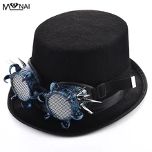Винтажные стимпанк очки с заклепками цветочный черный топ шляпа в стиле панк Fedora головной убор Готическая Лолита шапка для косплея с очками