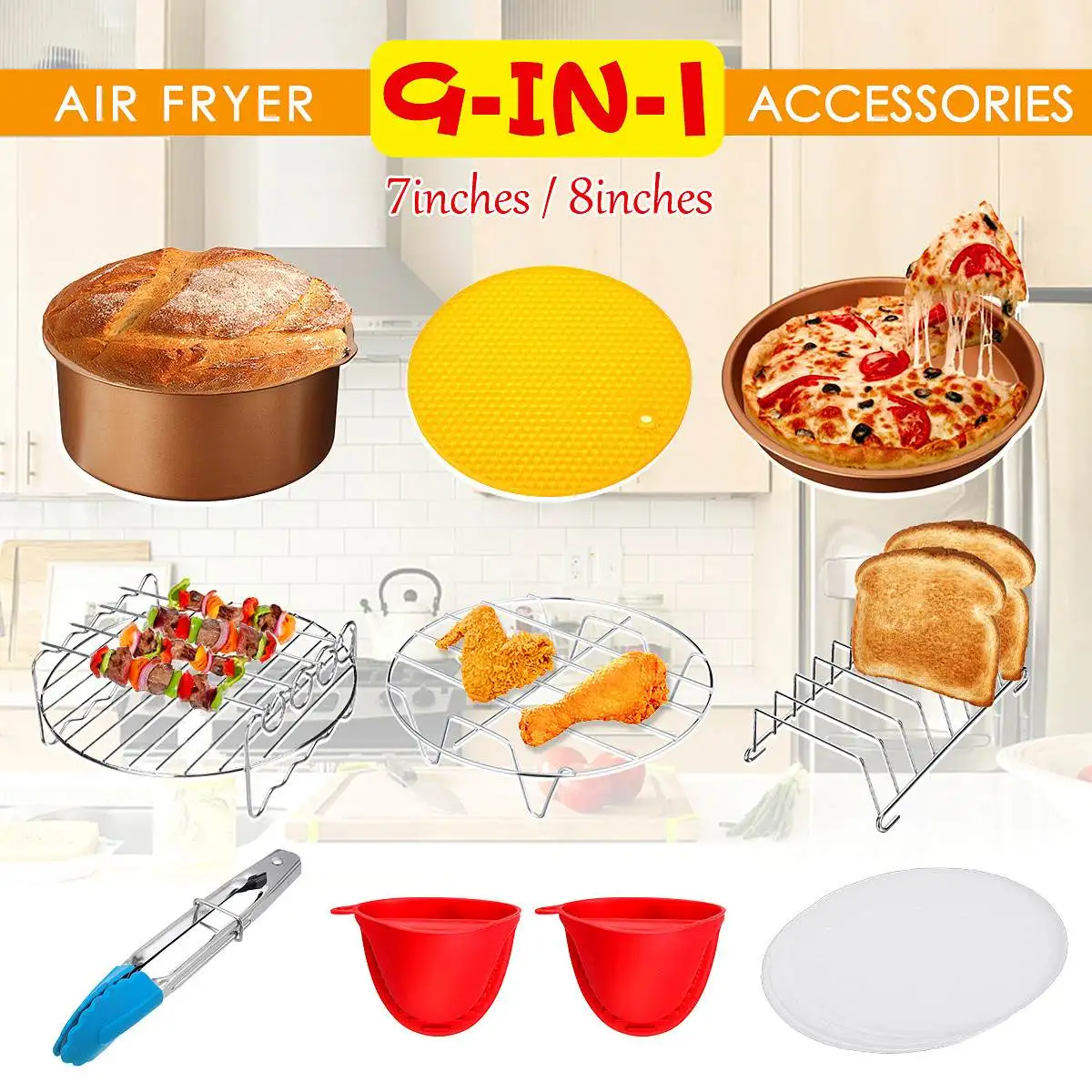 

9PCS 7 inche Air Fryer Accessories Airfryer Chips Baking Pan Set For 3.2-6.8QT - 8 For Cook Home Kitchen Barbecue,Baking,Cooking