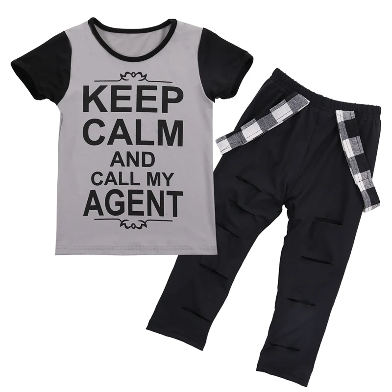 Toddler Kids Baby Girls Summer Letter Printed Outfits Short Sleeve Leltters T-shirt Strap Ripped Pants Clothes 2-7T | Мать и ребенок