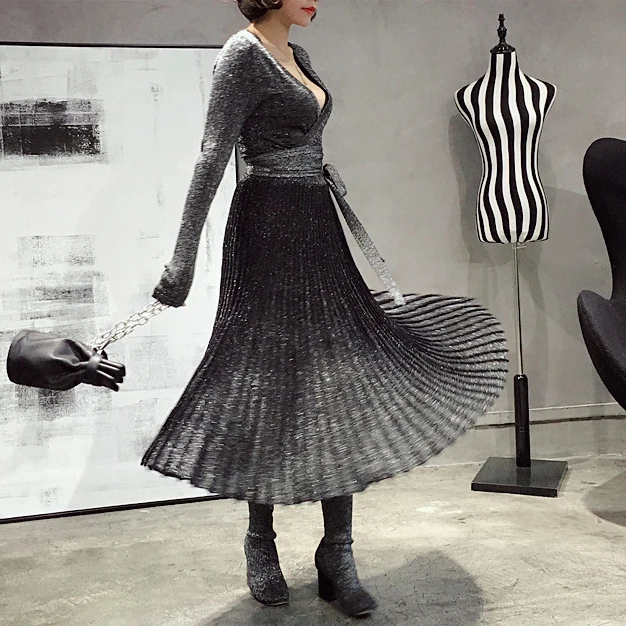 

CHICEVER Knitting Party Dress Female Lace up Autumn Vintage Sexy Long Sleeve Elastic Pleated Women Dresses Clothes Fashion 2019