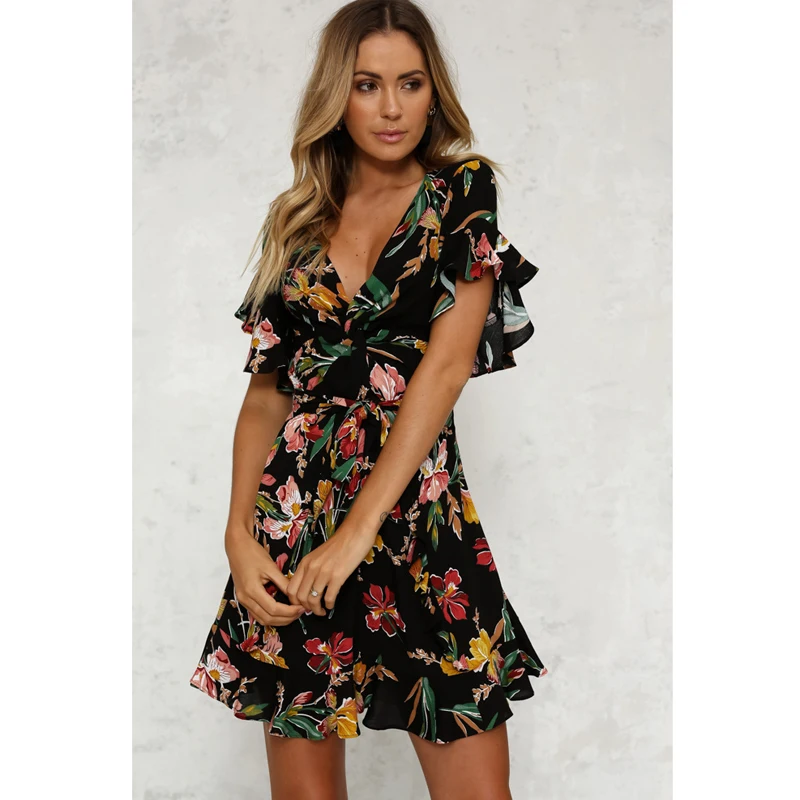 

Women Mini Boho Dresses Floral Print Summer Beach Party Sundress Ladies Elegant Casual Deep V Neck Dress