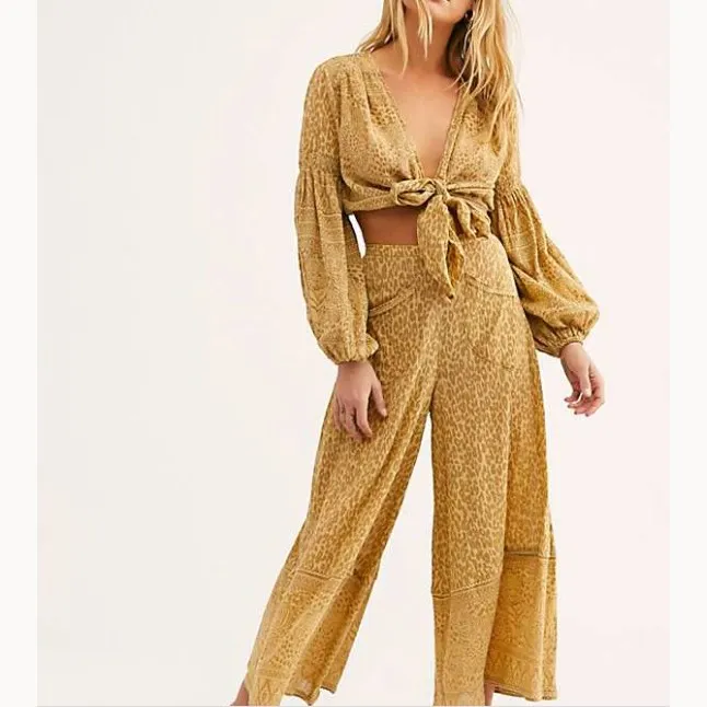 2019 Boho Women Wide Leg Pants High Waist Leopard Bohemian Pants Pocket Elastic Waist Women Trousers 2019 Boho Women Wide Leg Pants High Waist Leopard Bohemian Pants Pocket Elastic Waist Women Trousers