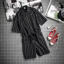 Мужские модные полосатые комбинезоны, летний короткий рукав, комбинезон с завязками, однобортные топы, цельные костюмы, комбинезоны DH016