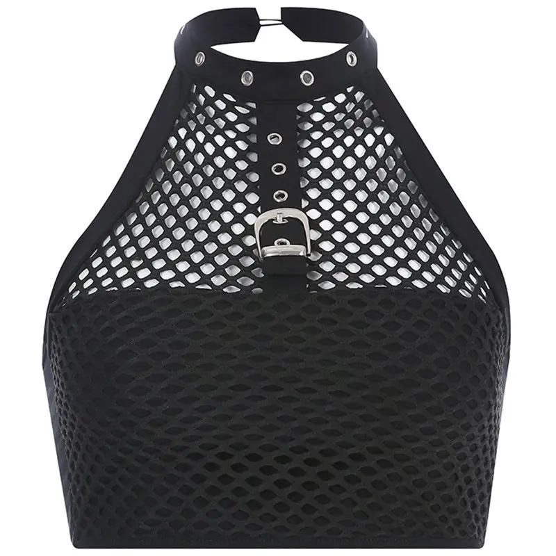 

Summer Mesh Top Sexy Gothic Hollow Out Women Trendy Black Crop Top Club Streetwear Buckle Punk Cool Girl Backless Goth Tank Tops