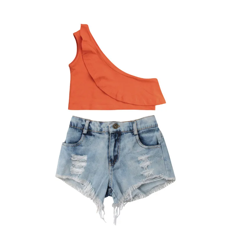 Toddler Kid Baby Girl Summer Sleeveless Romper+Denim Shorts 2PCS Outfits Set US