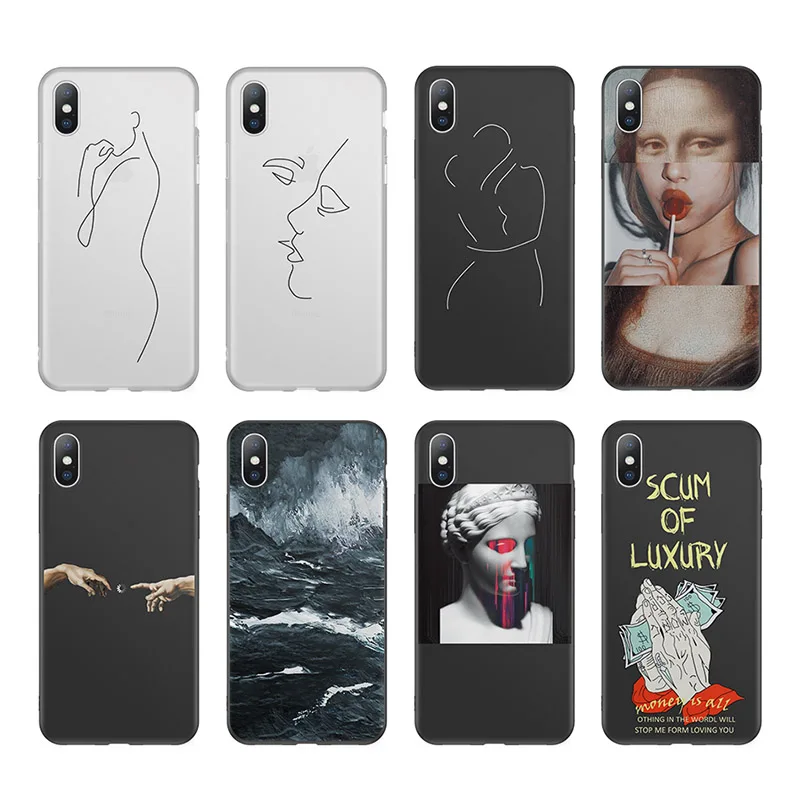 

USLION Soft TPU Art Painting Phone Case For iphone X XR XS Max 6 6S 7 8 Plus Cases Graffiti Statue Ocean Waves Simple Cover 5se
