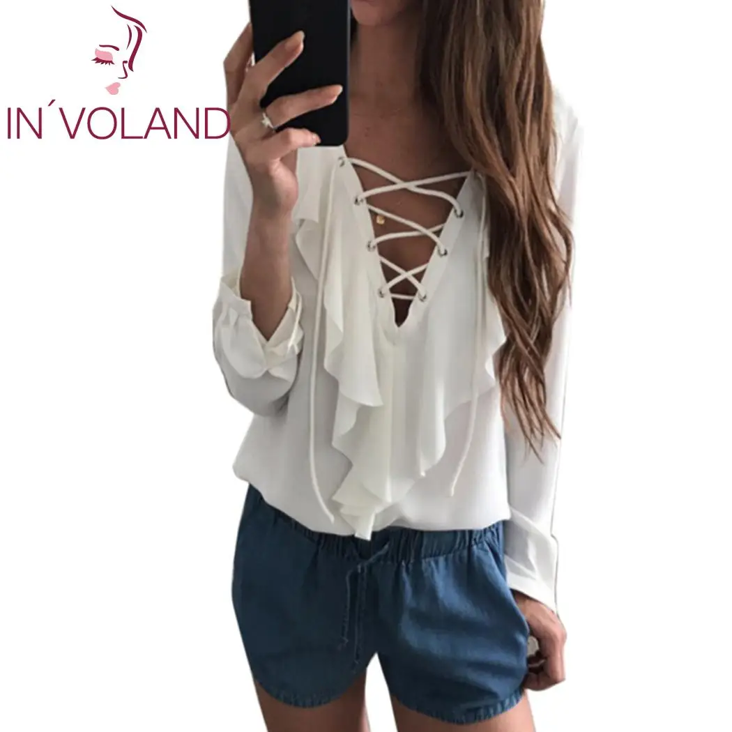 Women V Neck Long Sleeve Solid Drawstring Front Ruffled Loose Chiffon