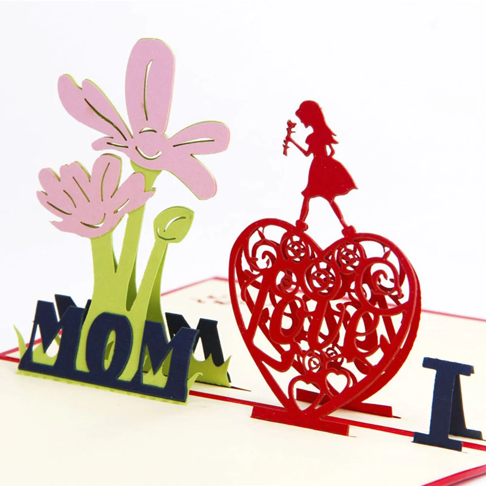  3D Love Heart & Flower Mother's Day Invitation Postcards I Love MOM Gifts Creative Greeting Cards w - 33001103856