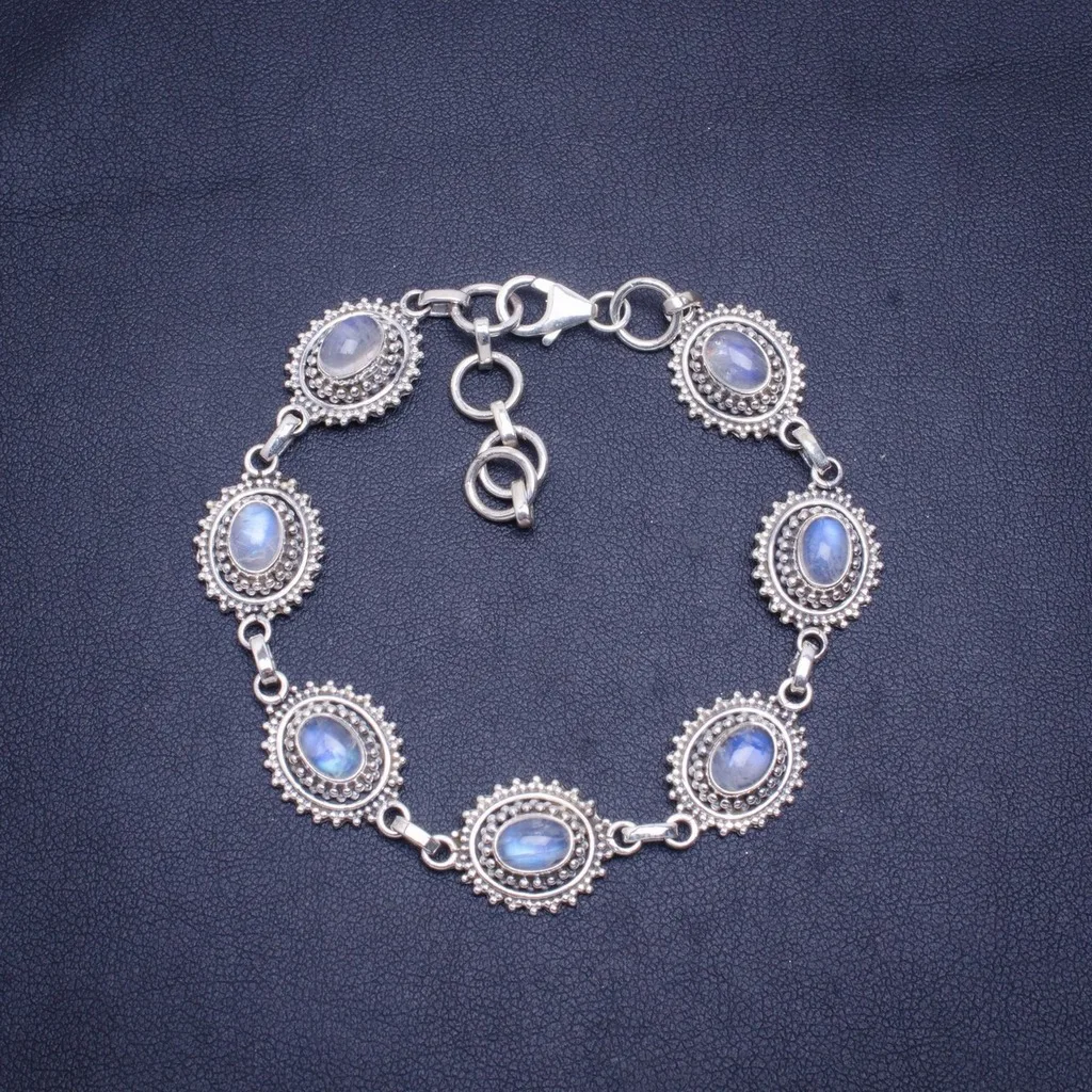 

Natural Rainbow Moonstone Handmade Unique 925 Sterling Silver Bracelet 7-8.25" A3061