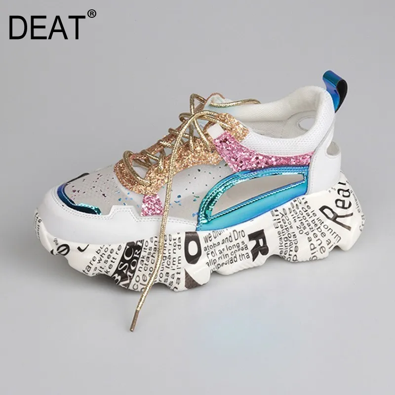 

[DEAT] 2019New Spring Summer Round Toe Lace-up Mesh Hollow Out Colorful Bling Sport Wedges High Heels Shoes Women Fashion 10A439