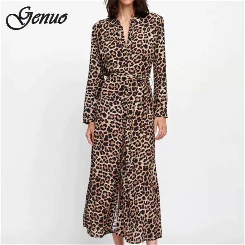 Women Dress Autumn 2019 Ladies Leopard Print Dresses Sexy Women V Neck Long Sleeve Midi Dress Womens Dresses Fall Evening Party