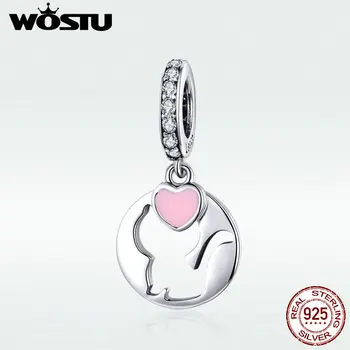 

WOSTU Hot Sale Pink Heart & Silver Kitty Charms Authentic Sterling Silver 925 Charms Bracelet & Necklace Fashion Jewelry DXC1140