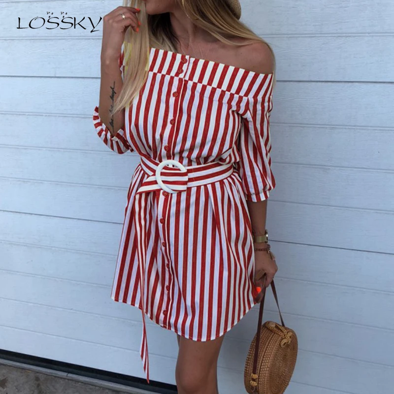 

LOSSKY Sexy Off Shoulder Half Sleeve Summer Blue Striped Short Dress Women 2018 Buttons Office Casual Woman Mini Beach Dresses