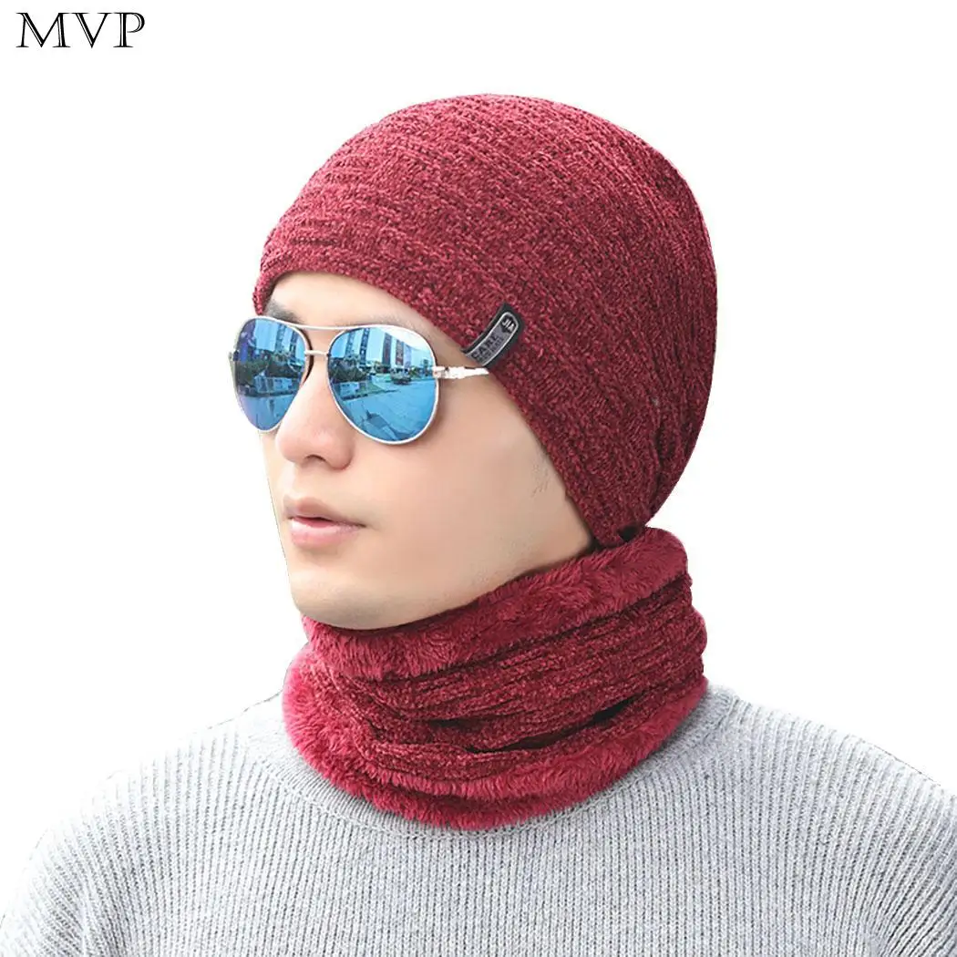 Men Winter Warm Solid Plush Hat Casual Street Outdoor Beanie 2 Pcs/Set &amp Skull Spring Fall Cap Scarf Set |