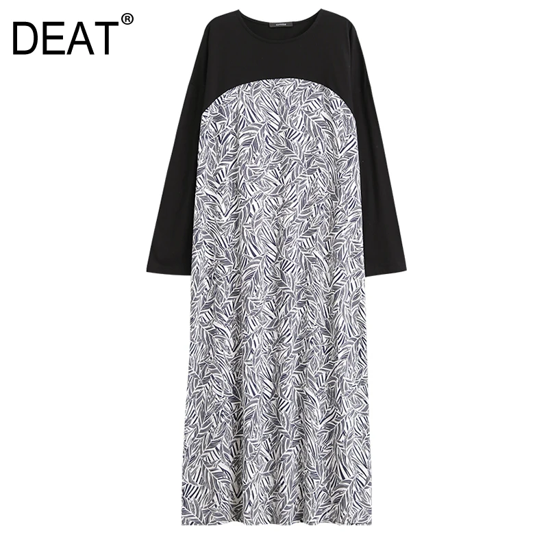 

[DEAT] 2019 New Autumn Winter Round Neck Long Sleeve Hit Color Pattern Printed Loose Big Size Dress Women Fashion Tide JO51
