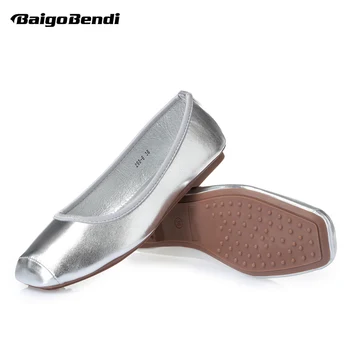 

34-41 Ladies Comfort Square Toes Flats Gold Silver Metal SLIP-ON Loafer Womens Ballerina Flats Gilrs Summer Shoes Light Weight