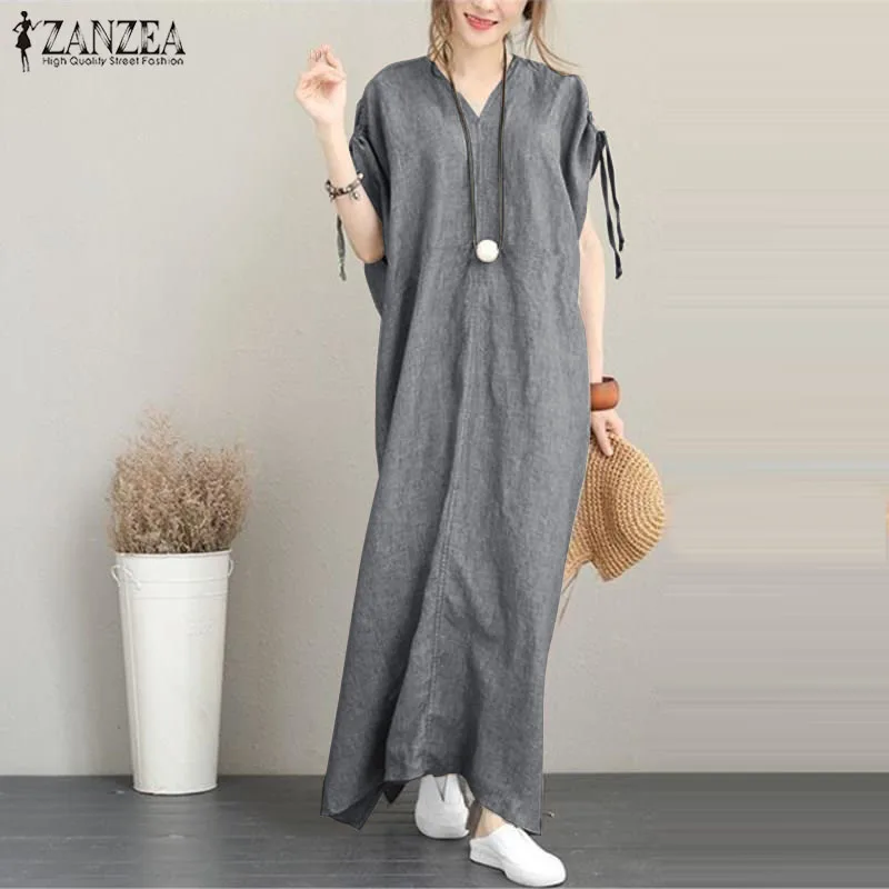 

2019 ZANZEA Summer Women V Neck Short Sleeve Maxi Long Dress Elegant Work OL Vestido Femininas Loose Casual Long Sundress Robe