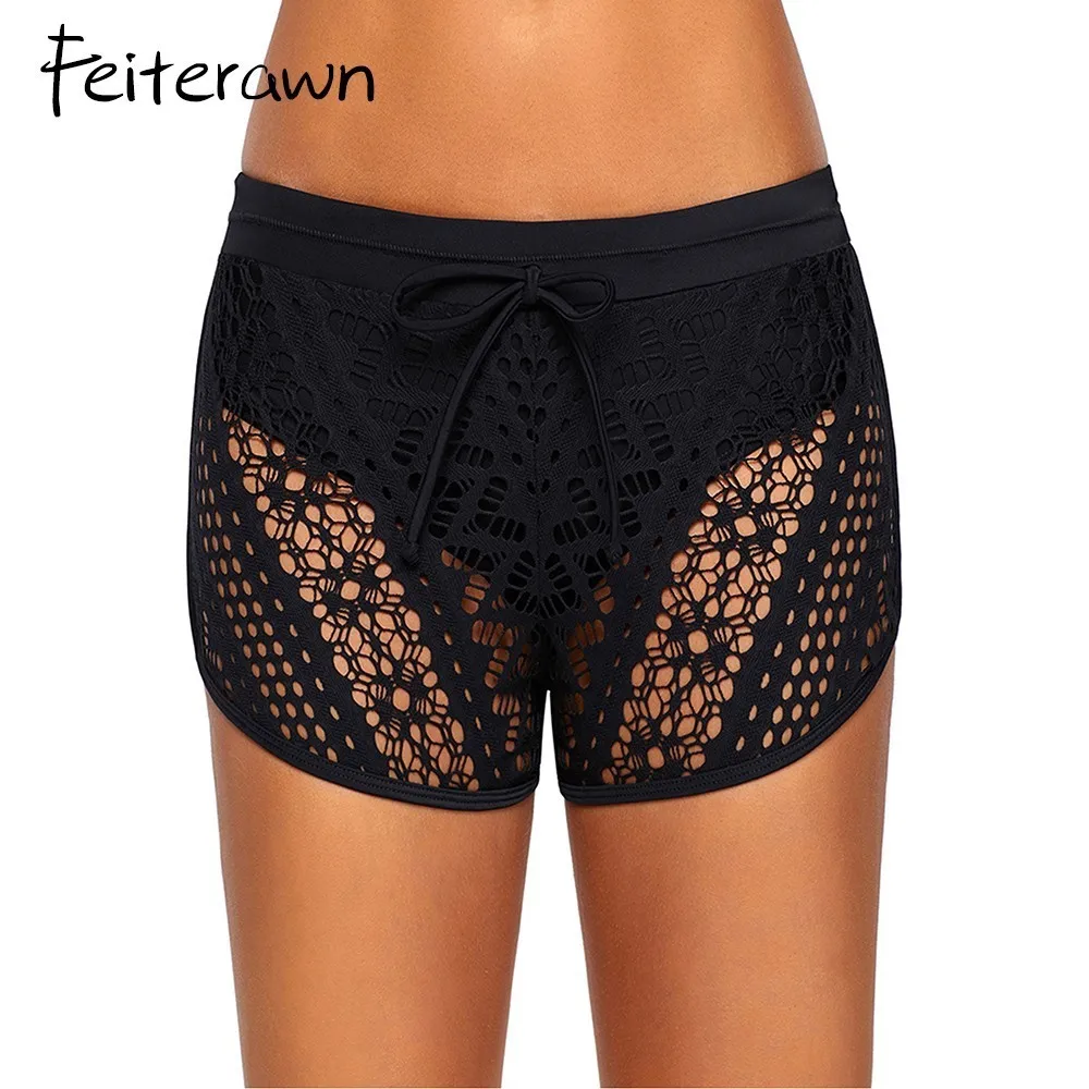 Feiterawn бикини Bottom Mujer Черный выдалбливают кружево ванный комплект короткие