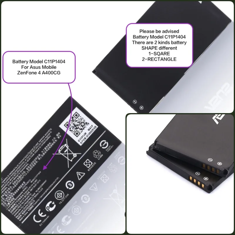

Battery suitable for ASUS mobile with battery model C11P1404 rectangle shape ZenFone 4 A400CG Capacity 1600mAh/1540mAh