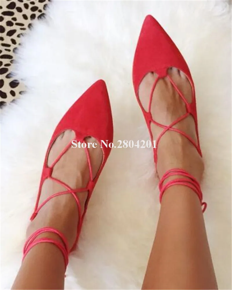 

Women Fashion Style Pointed Toe Suede Leather Flat Gladiator Pumps Lace-up Red White Comfortable Shoes Casual Shoes