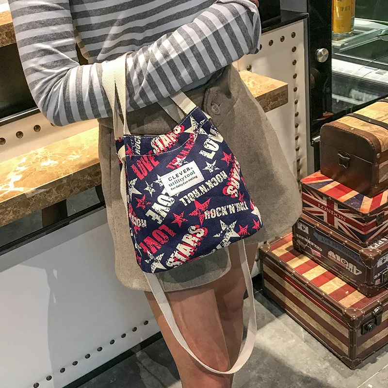 2019 New Canvas Handbags Portable Korean Fashion Printing Shoulder Crossbody Bags For Women Ladies Bag Messenger Bucket Small