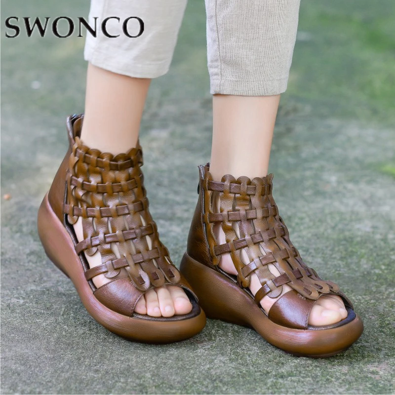 

SWONCO Women Sandals Retro Genuine Leather Hollow Out Summer Shoes Lady Wedges Gladiator Sandals For Female 2019 Woman Sandal