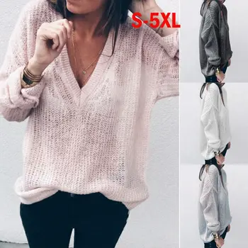 

Women V-neck Knitted Tops Autumn Fashion Long Sleeves Sweater Pullovers Tops Knitwear Sweater Plus Size