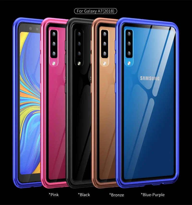 For Samsung Galaxy A7 2018 A750 Case Ultra Metal Frame Bumper with Clear Tempered Glass Back Cover Hard for |