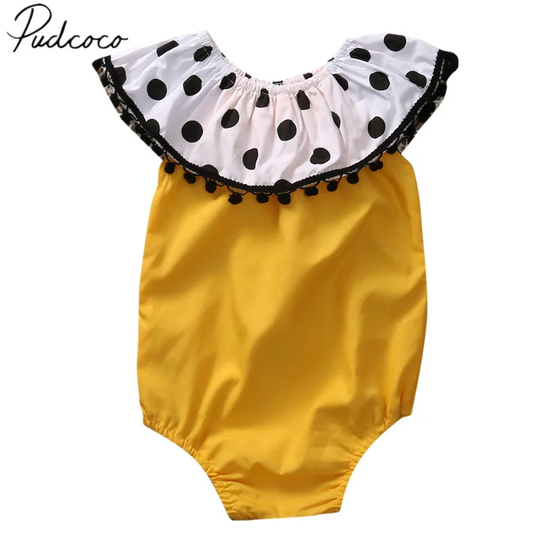 

2019 Brand New Infant Newborn Baby Girl Toddler Polka Dot Cotton Bodysuit Ruffled Neck Sleeveless Sunsuit Outfit Clothes Set