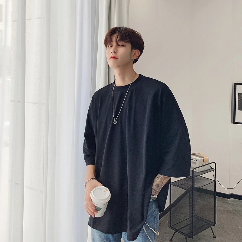 

2019 Summer Men's Korean Style Solid Color Seven Part Sleeve Fashion Trend Round Collar Cotton Clothing Loose T-Shirts M-XL