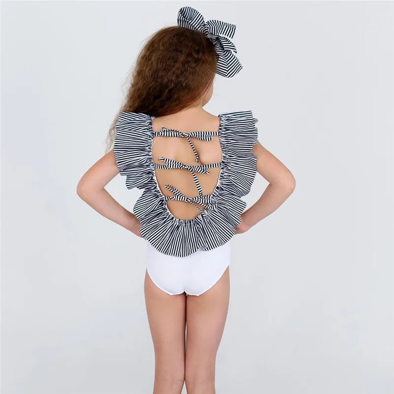 

2pcs Lovely Kids Baby Girls Swimsuit Striped Backless Bodysuit Jumpsuit Bow Headband Swimwear Summer Beachwear Outfits