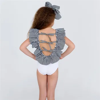 

2pcs Lovely Kids Baby Girls Swimsuit Striped Backless Bodysuit Jumpsuit Bow Headband Swimwear Summer Beachwear Outfits