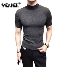 Новая летняя мужская футболка, вязаный Топ с коротким рукавом, мужской Однотонный свитер с высоким воротником, пуловер, футболка, тонкая трикотажная футболка