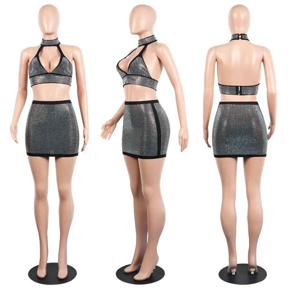 Karlofea Sexy Birthday Party Outfit – Shiny Rhinestone Two Piece Sleeveless Halter Dress Set – Low Neck Club Wear image 4