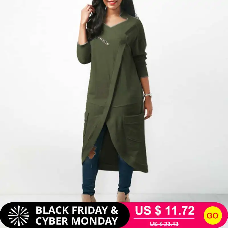 Cena ZANZEA Nieregularne Hem Slim Fit Bluza Top Z Długim Rękawem Kwadratowy Kołnierz Kieszenie Zipper Solidna Bluzka Casual Proste Vintage Vestido