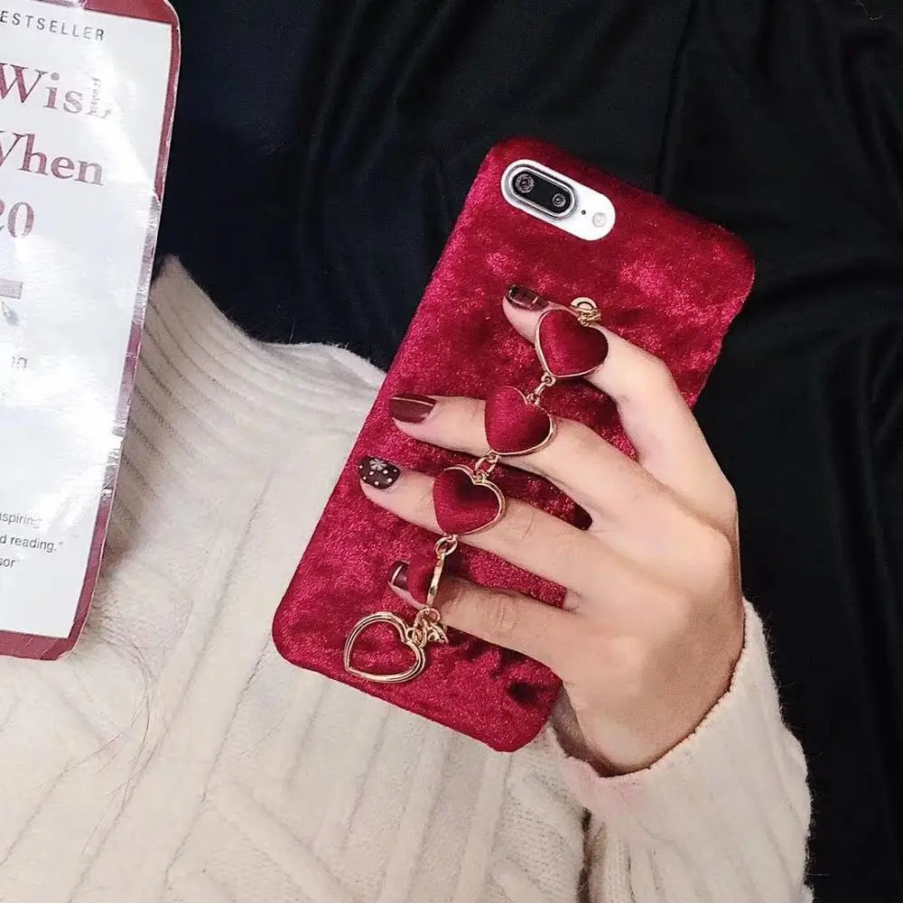 

Korea Luxury Heart Chain Red Lint Phone Case Winter Back Cover Half Shell For iPhoneXs max 8plus 6s 7Plus XR Body Skin Protector