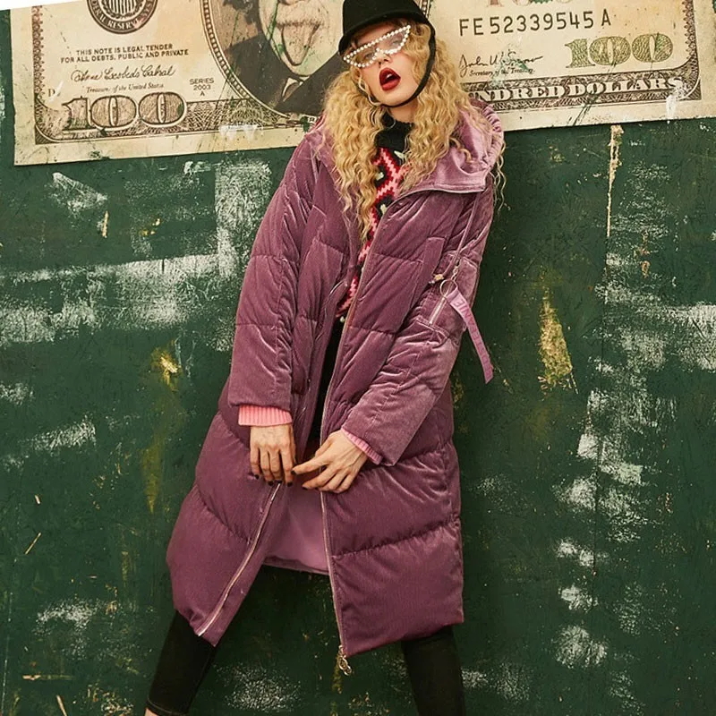 Зимний вельветовый женский пуховик с капюшоном, новинка, длинный абзац, выше колена, утолщенное, свободное, тонкое, пуховое пальто для женщин HJ90
