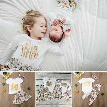 

PUDCOCO Newest Baby Girls Matching Clothes Little/Big Sister Casual Lettet Floral Tops Romper Pants T-shirt Dress Outfits