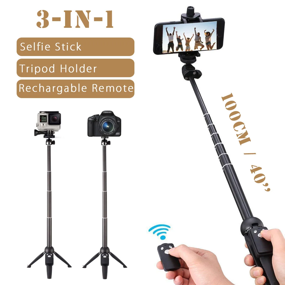 

40 Inch Handheld Phone Tripod 3 in 1 Selfie Stick bluetooth Extendable Monopod for Gopro for iPhone Smartphone SLR Sport Camera