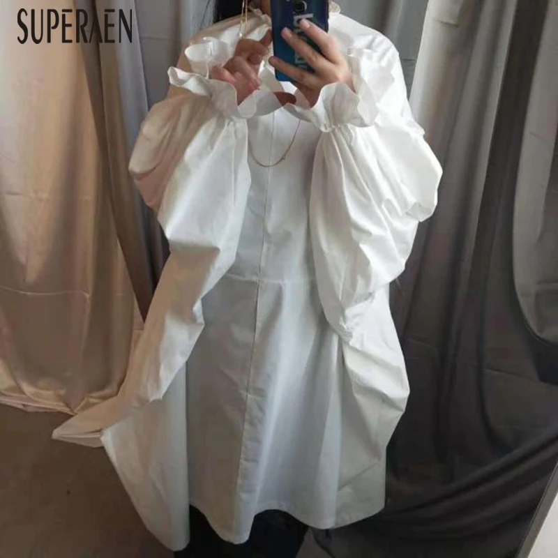 Женское платье с пышными рукавами SuperAen однотонное Хлопковое в европейском стиле