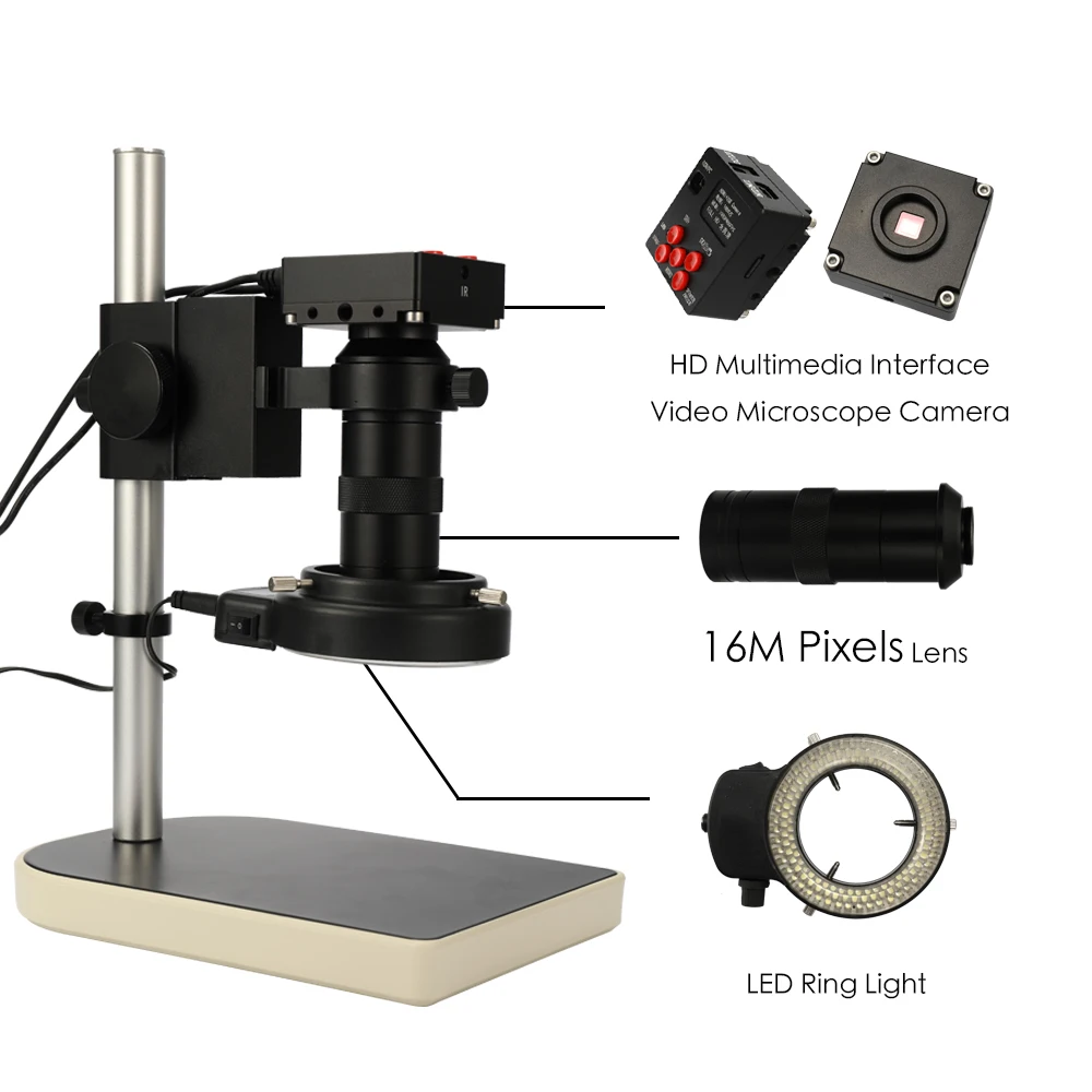 

16M Pixels 1080P 130X High Speed Industrial Microscope Set HD Multimedia Interface Microscope Camera with LED Ring Light