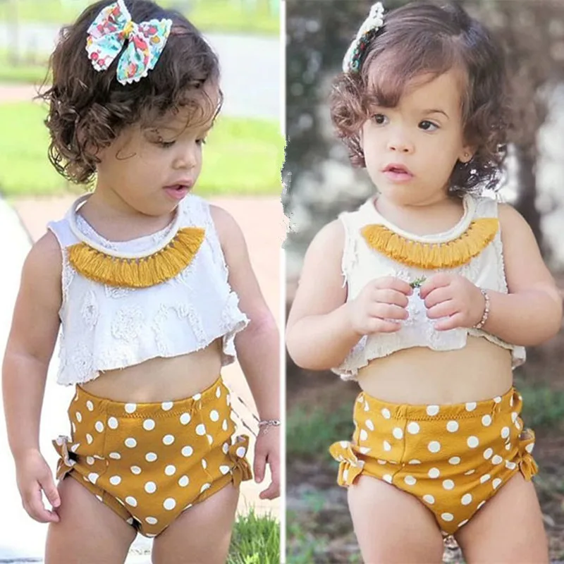

Baby Young Child Suit 2019 Summer Wear Children Lace Midriff Jacket Circle Point Small Triangle Pp Shorts 2 Paper Set