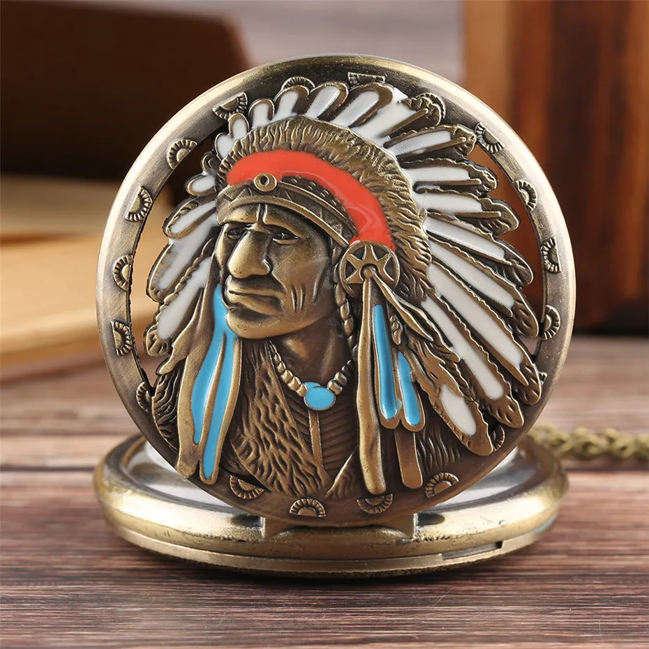 

Old Fashion Quartz Pendant Pocket Watch Native American Old Man Display Steampunk Bronze Souvenir Necklace Watch for Men Women