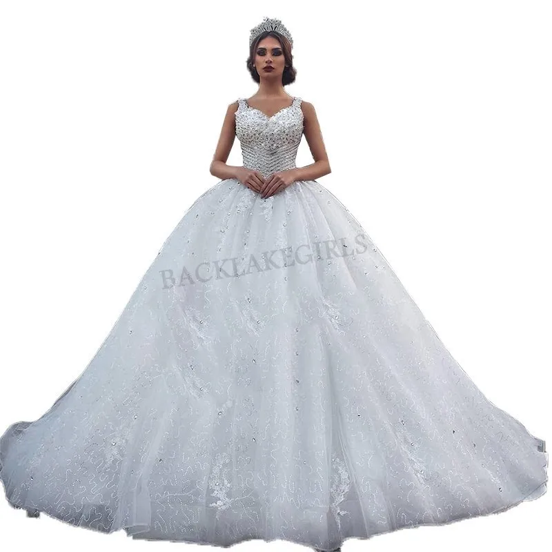 

Arabic Muslim White Ball Gown Wedding Dresses 2018 Spaghetti Straps Beading Bride Dress Wedding Luxury Robe 2019