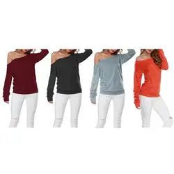 Женская мода сплошной цвет с длинным рукавом топы толстовки пуловер осень женская одежда с открытыми плечами