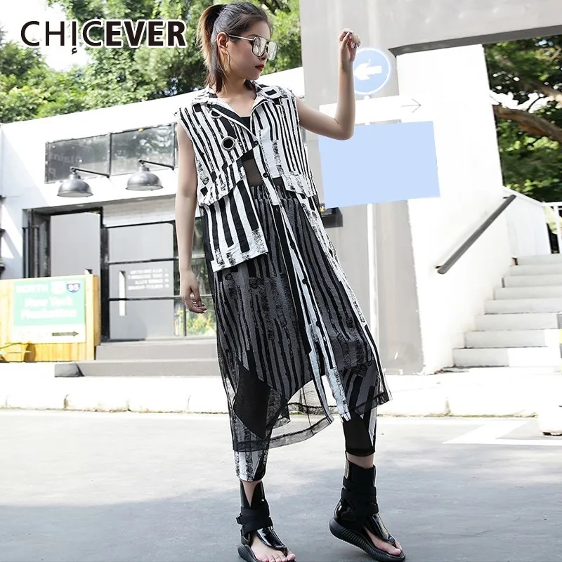 

CHICEVER Summer Striped Print Patchwork Mesh Women Dress V Neck Sleeveless Tank Loose Plus Size Straight Dresses 2019 Fashion
