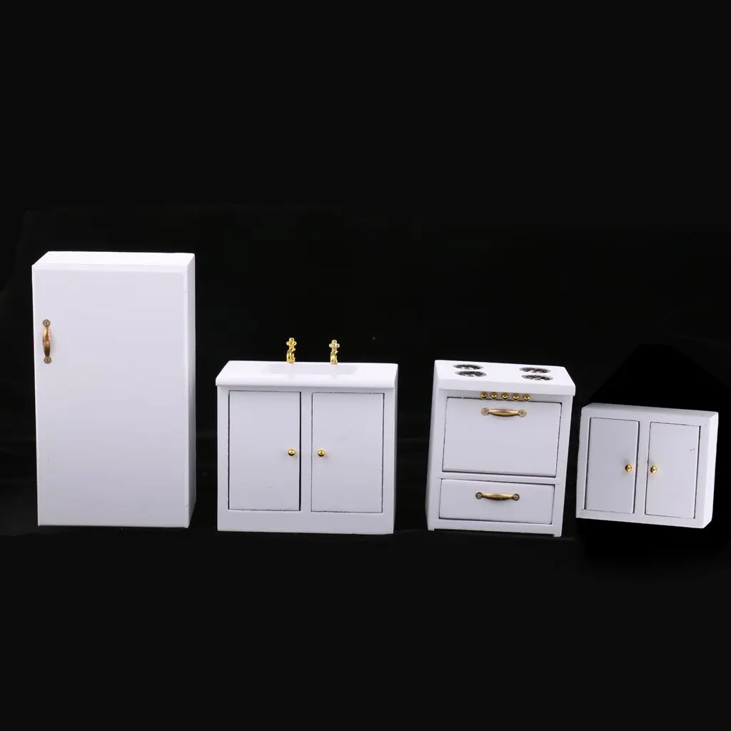  4pcs 1:12 Scale Dollhouse Kitchen Furniture Wooden Fridge Stove Wall Cabinet Miniature Doll House A - 32972288182