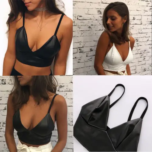 

Women Vest Crop Top Ladies Party PU Leather V-neck Bralette Bralet Bra Bustier Tank Top Camis